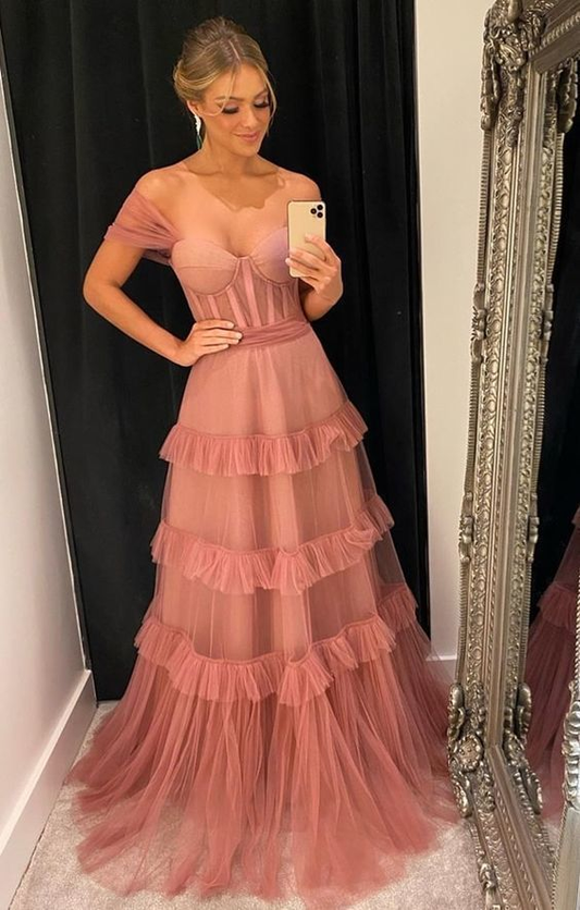 Pink Off Shoulder A-Line Tulle Long Party Dress,DP1782
