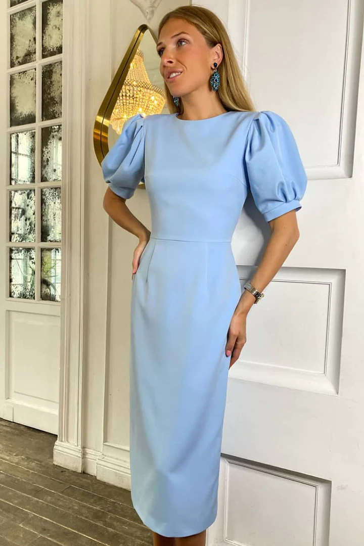 Light Blue Short Puffy Sleeves Formal Party Dress,DP1798