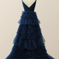 Navy Blue A-Line Tiered Ruffles Long Party Dress Ball Gown,DP1812
