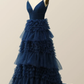 Navy Blue A-Line Tiered Ruffles Long Party Dress Ball Gown,DP1812