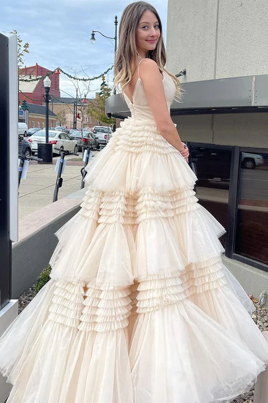 Champagne A-Line Tiered Ruffles Long Party Dress Ball Gown,DP1813