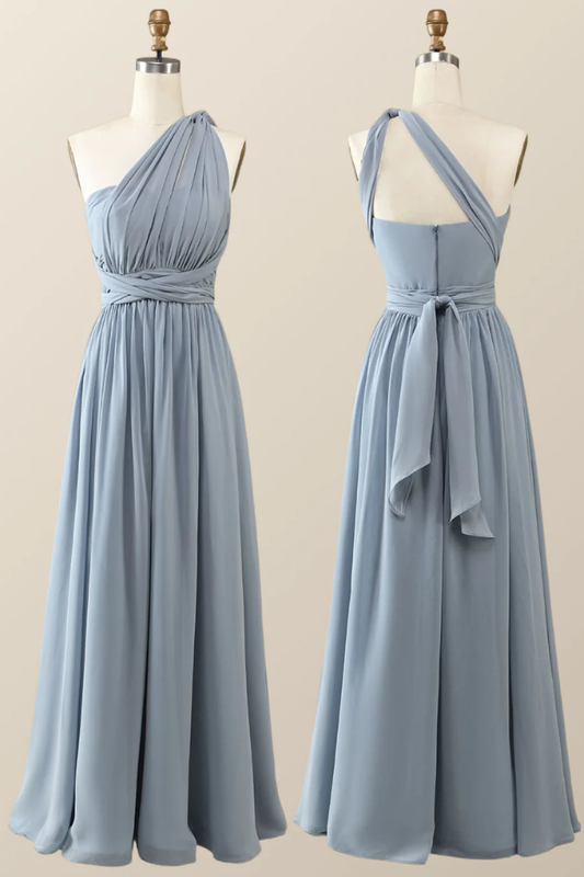 Misty Blue Chiffon A-Line Convertible Long Party Dress Bridesmaid Dress,DP1816