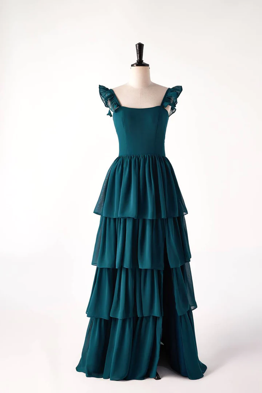 Dark Teal Ruffle Long Party Dress Bridesmaid Dress,DP1818