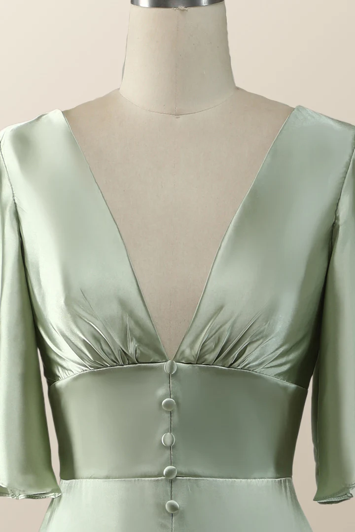 Sage Green Flare Sleeves Empire Midi Length Bridesmaid Dress,DP1821