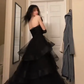 Black Strapless A-Line Tulle Layered Long Party Dress Evening Gown,DP1829