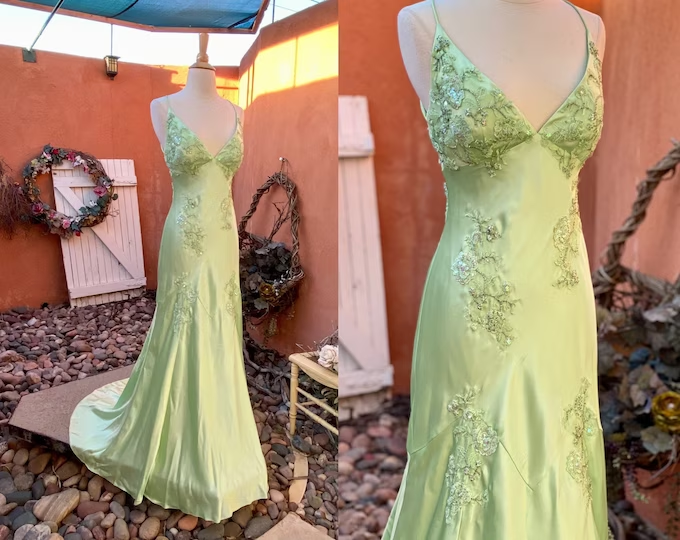 Sage Green Vintage V Neck Beading Long Party Dress,DP1837