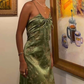 Green Vintage Printed Satin Midi Length Party Dress,DP1839