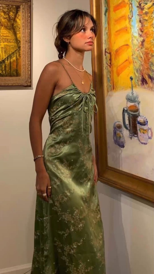 Green Vintage Printed Satin Midi Length Party Dress,DP1839