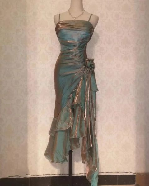 Vintage Spaghetti Straps Asymmetrical Midi Length Party Dress,DP1857