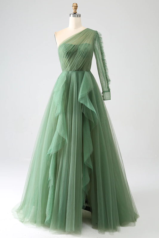 Green A-Line One Shoulder Ruffle Tulle Long Prom Dress,DP1866