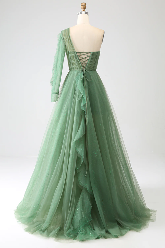 Green A-Line One Shoulder Ruffle Tulle Long Prom Dress,DP1866