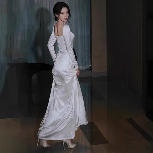 White Long Sleeves Satin Long Party Dress Wedding Dress,DP1885