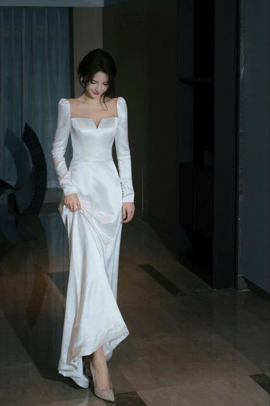 White Long Sleeves Satin Long Party Dress Wedding Dress,DP1885