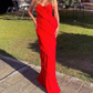 Red Spaghetti Straps Ruffle Mermaid Long Party Dress Wedding Guest Dress,DP1894