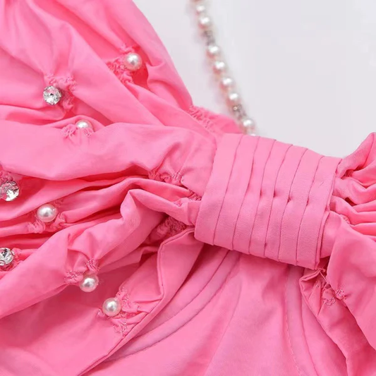 Hot Pink Halter Off Shoulder Homecoming Dress with Pearls,DP1958