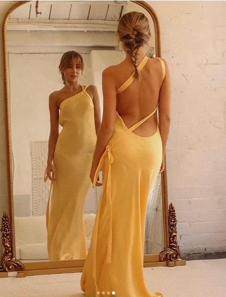 Yellow One Shoulder Backless Satin Long Party Dress,DP1961