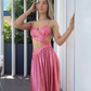 Pink V Neck Backless Pleated Long Party Dress,DP1969