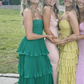 Green Strapless A-Line Tiered Chiffon Long Party Dress,DP1975