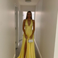 Yellow Deep V Neck A-Line Backless Formal Party Dress with Slit,DP1976