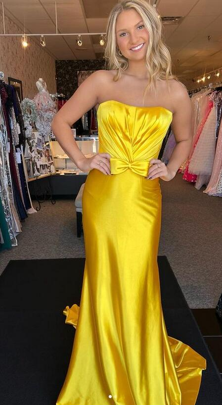 Charming Yellow Strapless Mermaid Satin Long Prom Dress,DP1977