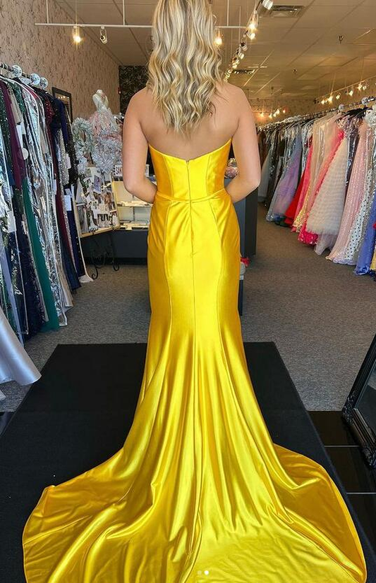 Charming Yellow Strapless Mermaid Satin Long Prom Dress,DP1977