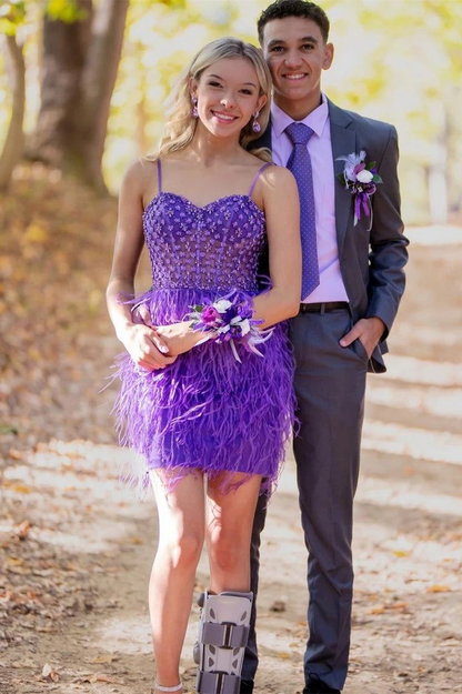 Purple Beading Spaghetti Straps Homecoming Dress Party Dress with Feather,DP1979