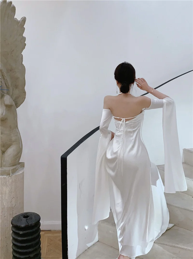 White Halter Off Shoulder A-Line Satin Long Party Dress,DP1984