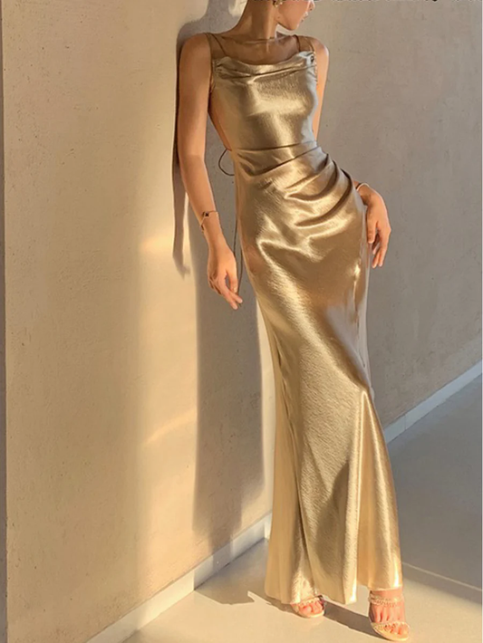 Elegant Gold Satin Backless Mermaid Long Prom Dress Formal Party Dress ,DP1990