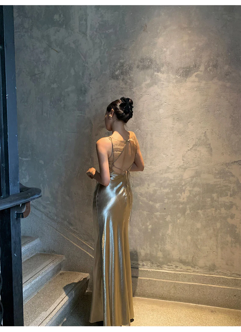 Elegant Gold Satin Backless Mermaid Long Prom Dress Formal Party Dress ,DP1990