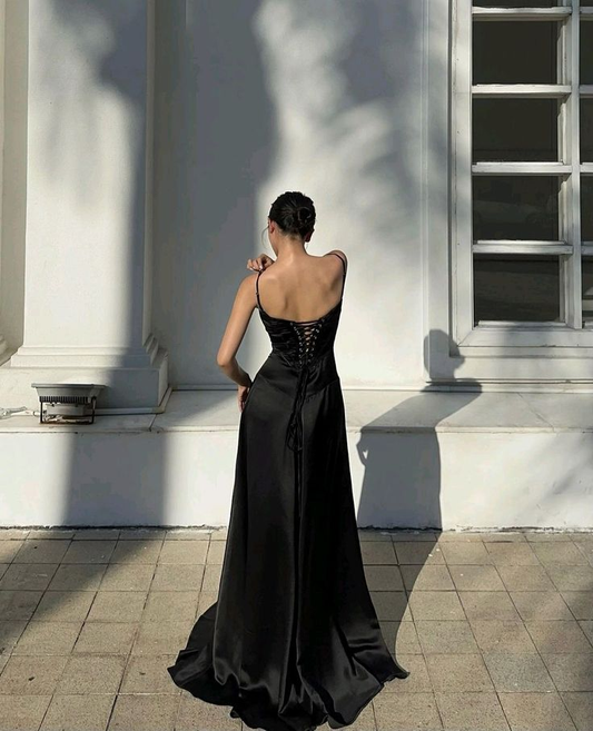 Black Spaghetti Straps A-Line Satin Elegant Long Party Dress,DP1994