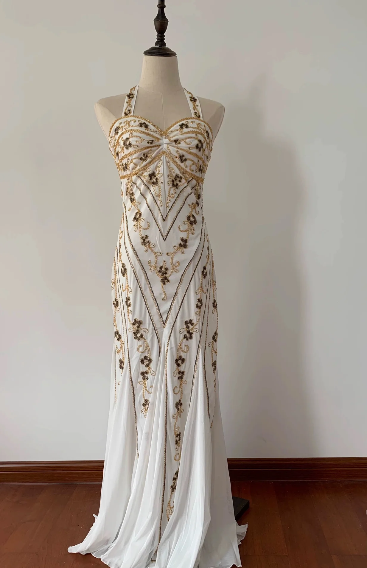 Vintage White Halter Beading Mermaid Long Party Dress, DP1999