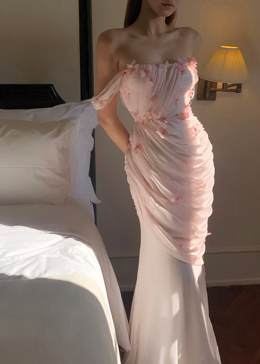 Pink Off Shoulder Tulle Mermaid Fairy Long Prom Dress, DP2000
