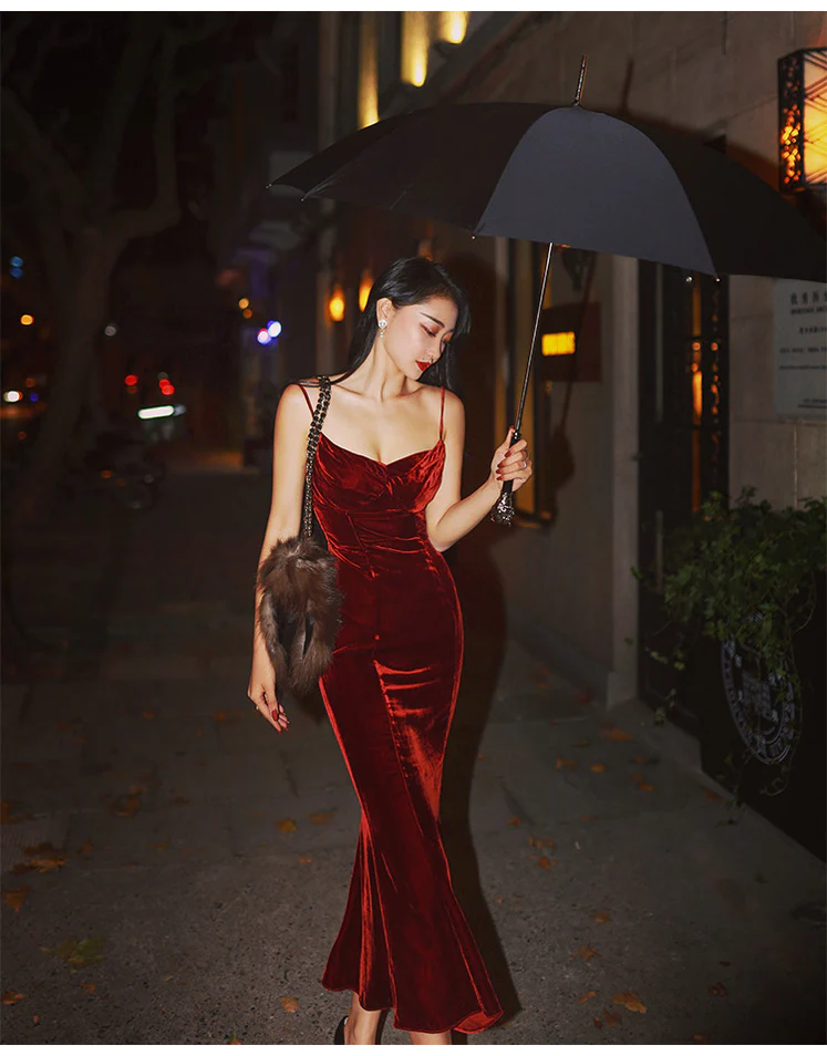 Charming Wine Red Spaghetti Straps Mermaid Velvet Sexy Evening Party Dress, DP2001