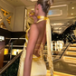 Yellow Halter Backless Satin Elegant Long Party Dress, DP2003