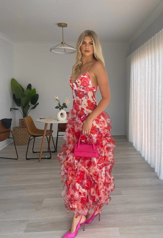 Red Floral Printed A-Line Backless Ruffle Long Party Dress, DP2023