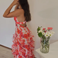 Red Floral Printed A-Line Backless Ruffle Long Party Dress, DP2023