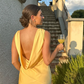 Yellow V Neck Backless Elegant Long Party Dress, DP2031