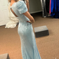 Shiny Light Blue V Neck Formal Party Dress with Slit, DP2036