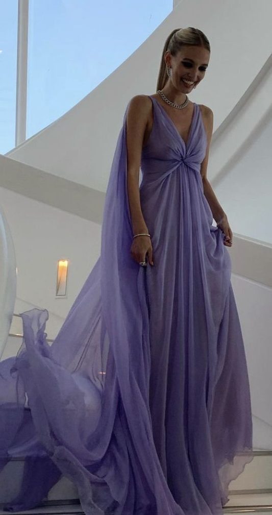 Purple V Neck A-Line Elegant Long Party Dress, DP2037