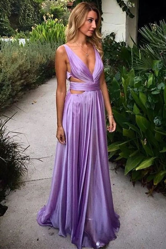 Purple Deep V Neck A-Line Elegant Long Party Dress with Slit, DP2038