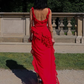 Charming Red Straps Ruffle Long Party Dress with Slit, DP2043
