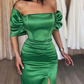Green Off Shoulder Mermaid Elegant Long Prom Dress with Slit, DP2051