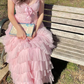 Pink A-Line Tulle Tiered Lace Long Party Dress, DP2055