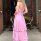 Pink V Neck A-Line Tiered Elegant Long Party Dress, DP2056