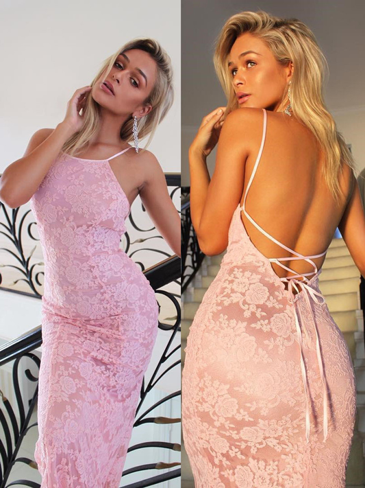 Sexy Backless Lace Mermaid Pink Long Party Dress, DP2152