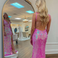 Hot Pink V Neck Backless Sequin Long Prom Dress with Slit, DP2063