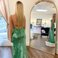 Green Straps Sequin Mermaid Gormal Party Dress with Slit, DP2066