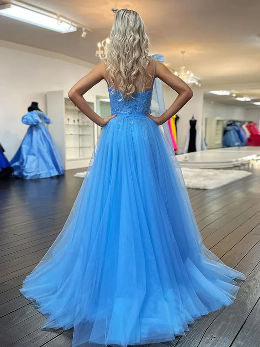 Elegant Blue One Shoulder A-Line Tulle Lace Long Party Dress, DP2067
