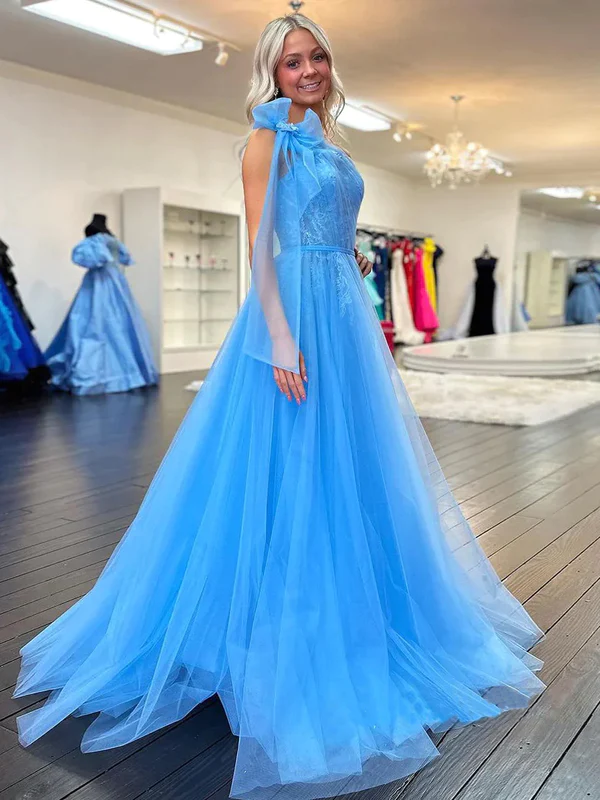 Elegant Blue One Shoulder A-Line Tulle Lace Long Party Dress, DP2067