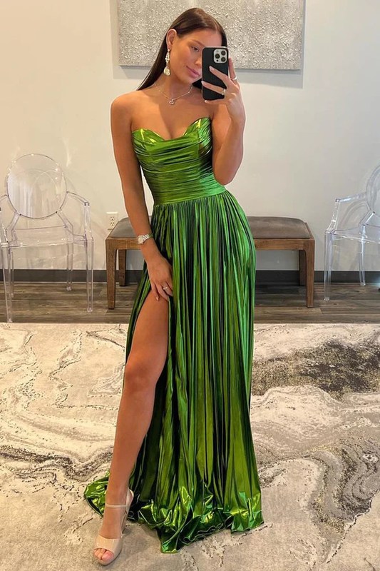Green Sweetheart Strapless A-Line Long Party Dress with Slit, DP2068